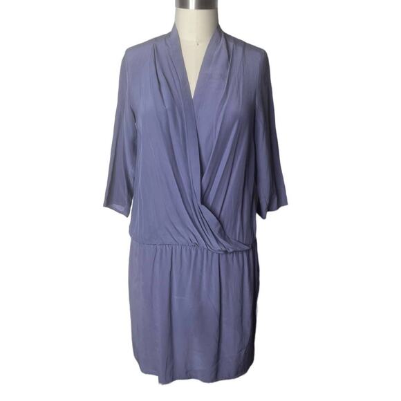 Amanda Uprichard Cool Grey Silk Drop Waist 3/4 Sleeve Faux Wrap Mini Dress P - Picture 1 of 7